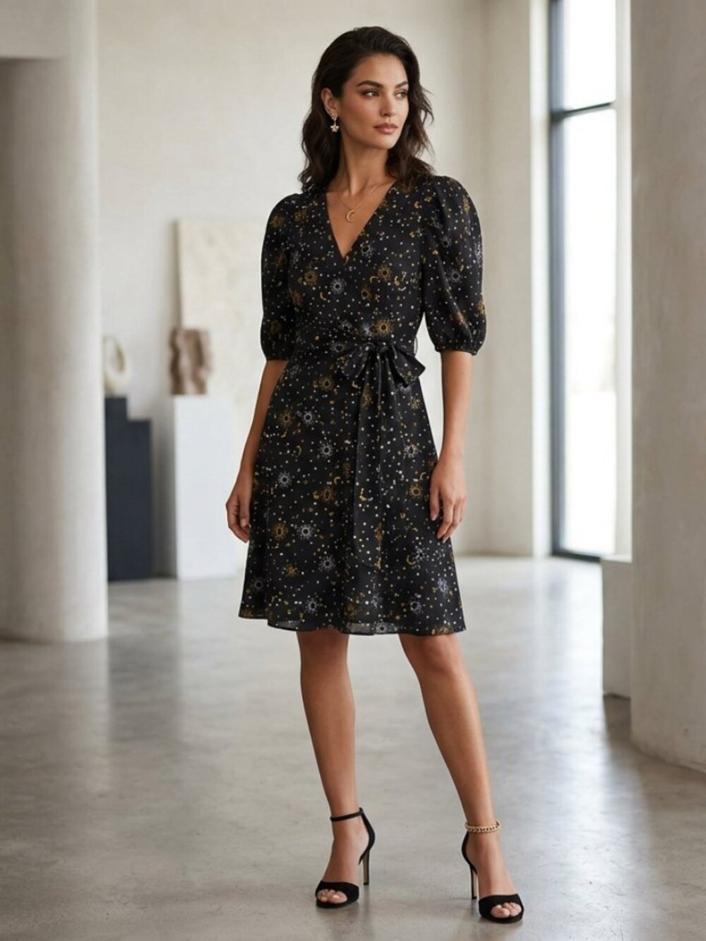 Karl Lagerfeld Paris Black & Gold Star and Sunglasses Puff Sleeve Dress Sz 12